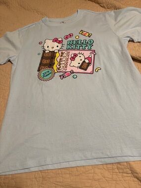 Hello Kitty Light Blue Graphic Tee with Pink and Brown Accents